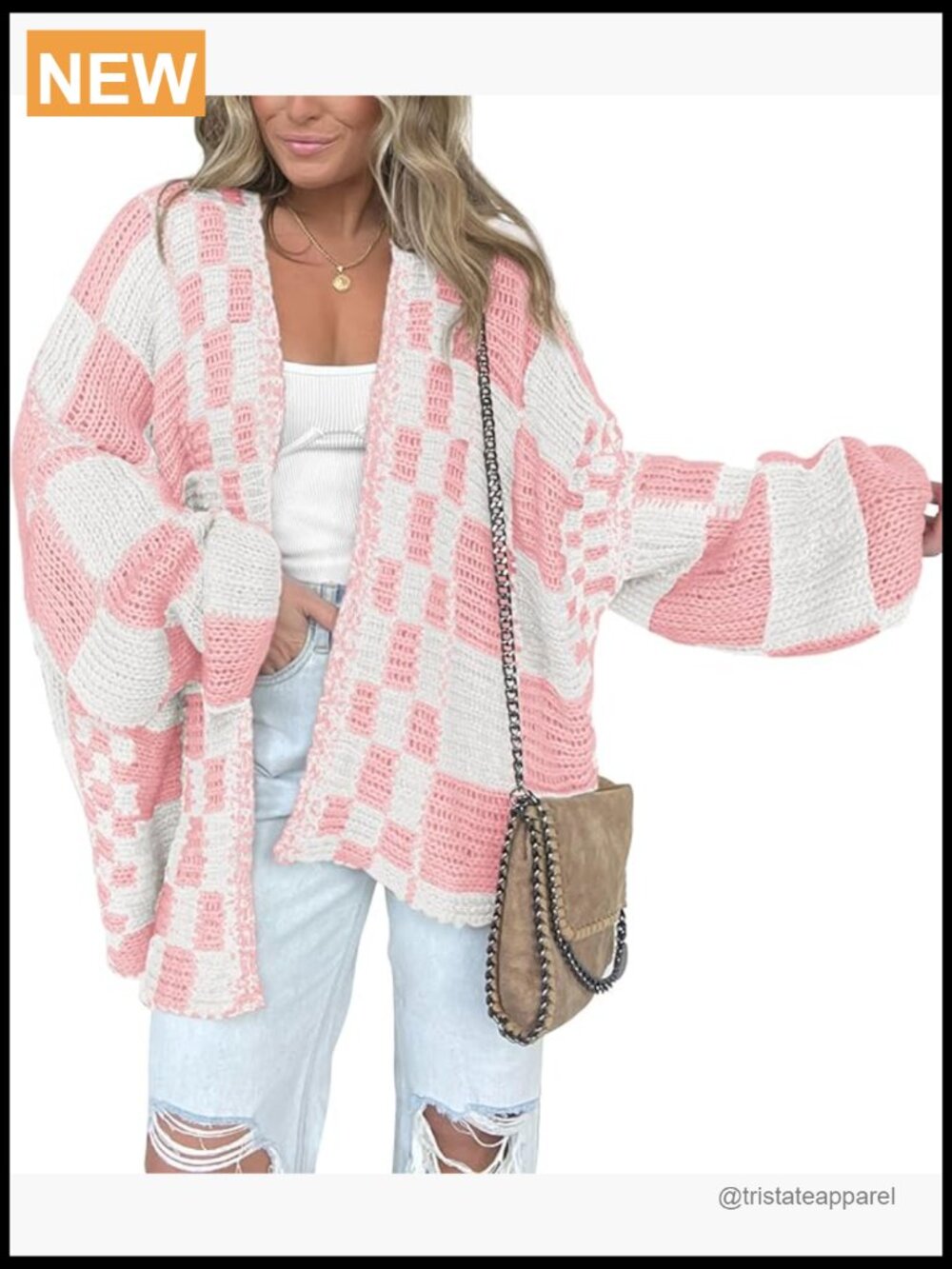 Chunky Knit Open Front Checkered Cardigan Sweater Coat Long Sleeve